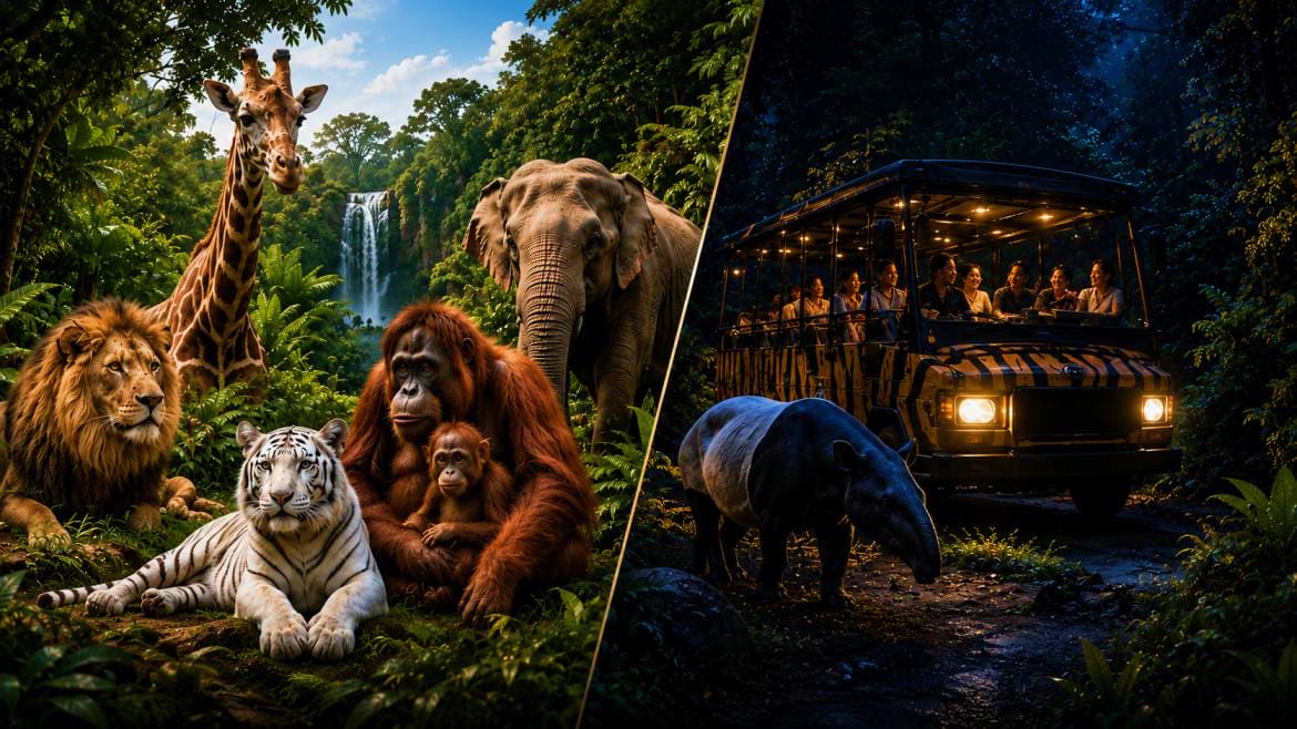 Left panel shows lion, tiger, giraffe, orangutan and elephant in lush jungle with waterfall. Right panel shows safari vehicle